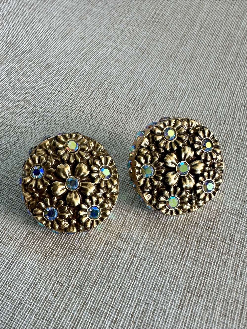 Antique Look Gold Floral Button Earrings with Aurora Rhinestones